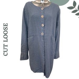 Cut Loose Blue Button-Front Linen Jacket Front Pockets Drawstring Back Large